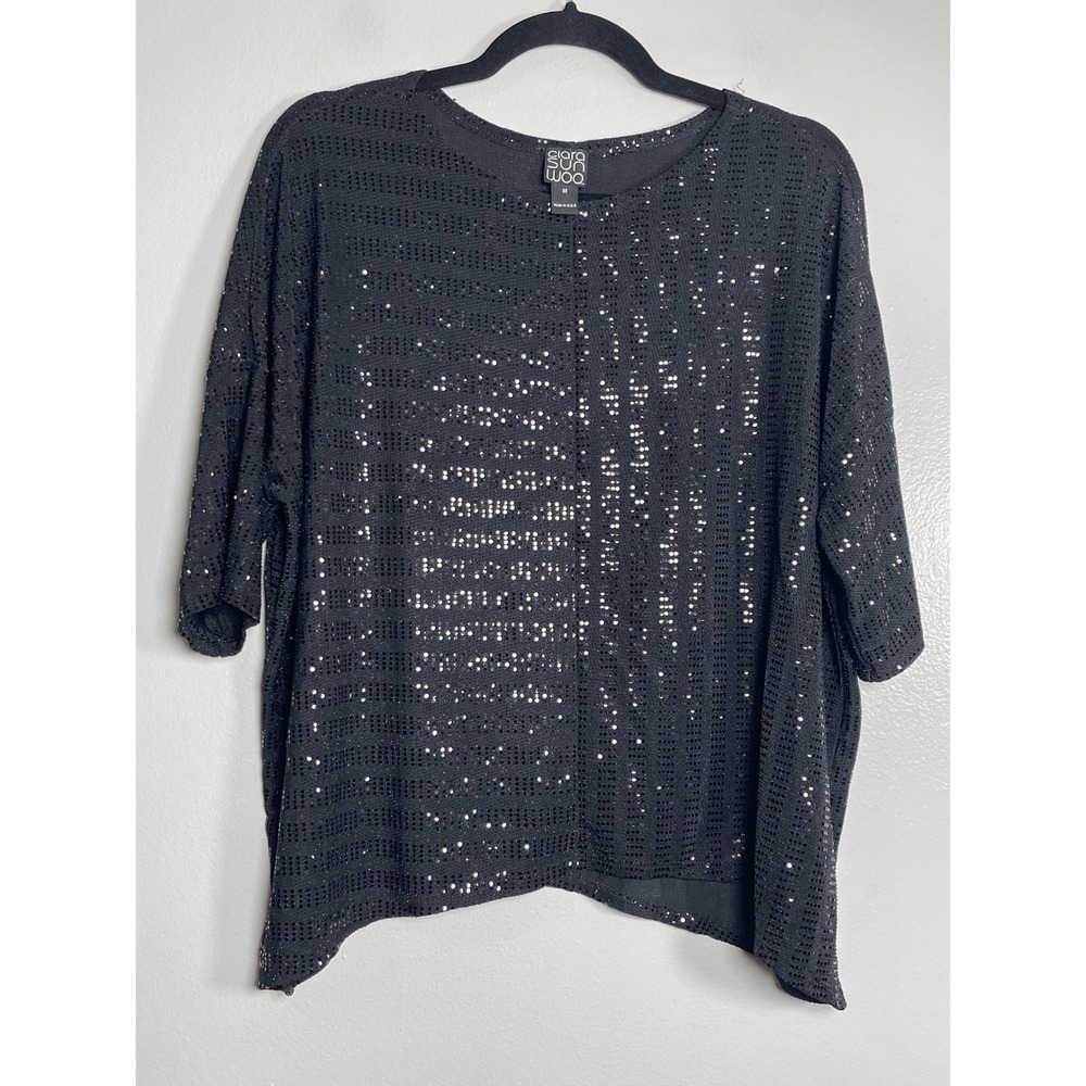 CLARA SUNWOO Black Sequin Boxy Blouse Oversized Sparkle Medium Party Going Out‎